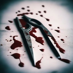 A detailed image of a pair of scissors with blood dripping from the blades