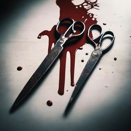 A detailed image of a pair of scissors with blood dripping from the blades