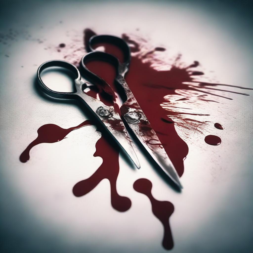 A detailed image of a pair of scissors with blood dripping from the blades