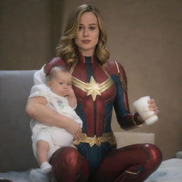 Brie Larson as Captain Marvel in a comical setting, seated on the lap of a warmhearted female alien, sipping milk from a bottle, all while outfitted in baby diapers.