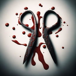 A realistic image of a pair of scissors with blood dripping from the blades