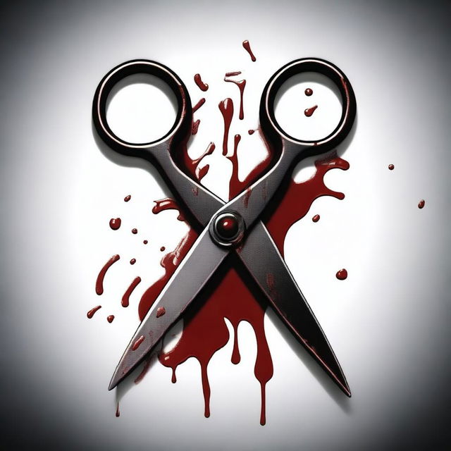 A realistic image of a pair of scissors with blood dripping from the blades