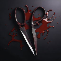 A realistic image of a pair of scissors with blood dripping from the blades