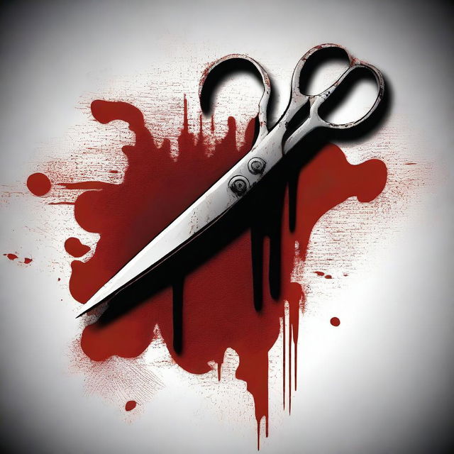 A digital art image of a pair of scissors with blood dripping from the blades