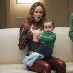 Brie Larson as Captain Marvel in a comical setting, seated on the lap of a warmhearted female alien, sipping milk from a bottle, all while outfitted in baby diapers.