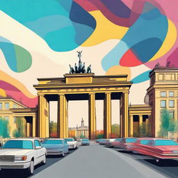 A vibrant digital art image of Berlin, featuring iconic landmarks such as the Brandenburg Gate, Berlin TV Tower, and the Berlin Wall