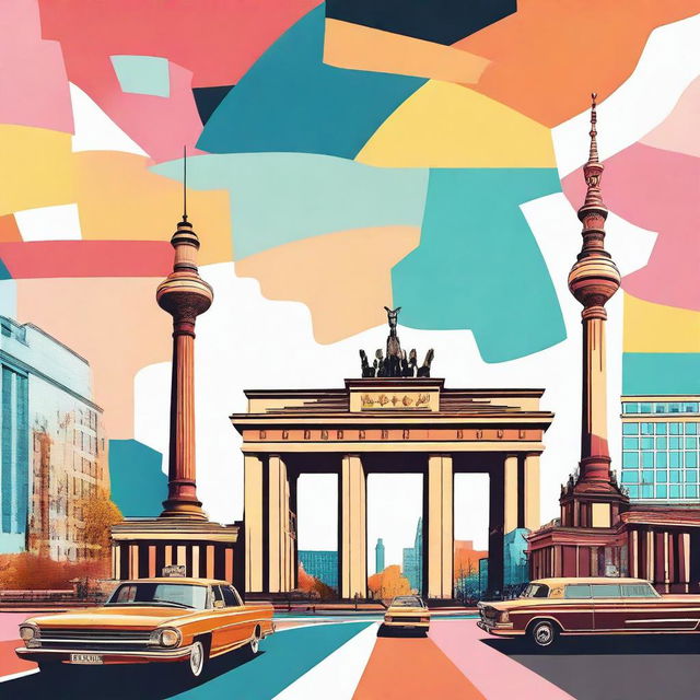 A vibrant digital art image of Berlin, featuring iconic landmarks such as the Brandenburg Gate, Berlin TV Tower, and the Berlin Wall