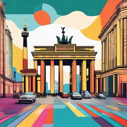 A vibrant digital art image of Berlin, featuring iconic landmarks such as the Brandenburg Gate, Berlin TV Tower, and the Berlin Wall