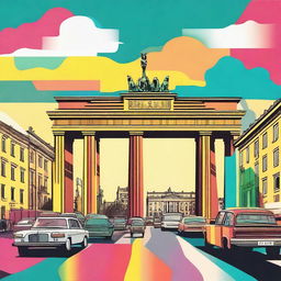 A vibrant digital art image of Berlin, featuring iconic landmarks such as the Brandenburg Gate, Berlin TV Tower, and the Berlin Wall