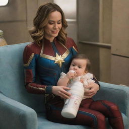 Brie Larson as Captain Marvel in a comical setting, seated on the lap of a warmhearted female alien, sipping milk from a bottle, all while outfitted in baby diapers.