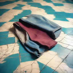 A detailed digital art image of old, faded Speedos lying on a tiled floor