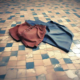 A detailed digital art image of old, faded Speedos lying on a tiled floor