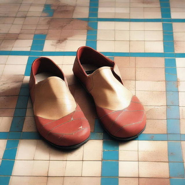 A detailed digital art image of old, faded Speedos lying on a tiled floor