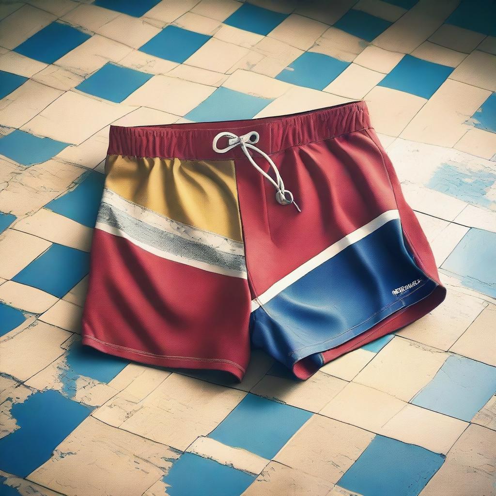 A detailed digital art image of old Speedo swimming trunks lying on a tiled floor