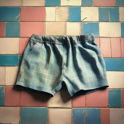 A detailed digital art image of old Speedo swimming trunks lying on a tiled floor