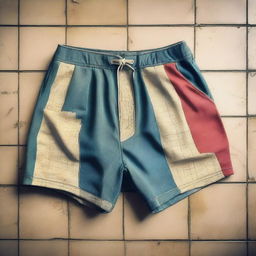 A detailed digital art image of old Speedo swimming trunks lying on a tiled floor