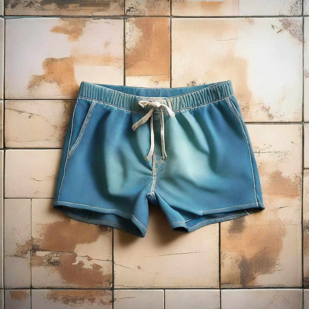 A detailed digital art image of old Speedo swimming trunks lying on a tiled floor