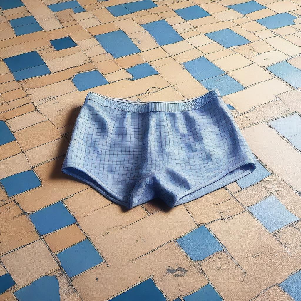 A detailed digital art image of old Speedo swimming briefs lying on a modern tiled floor