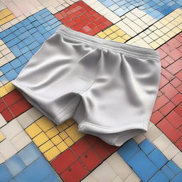 A detailed digital art image of old Speedo swimming briefs lying on a modern tiled floor