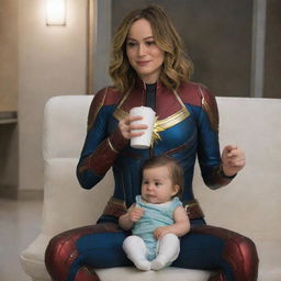 Brie Larson as Captain Marvel in a comical setting, seated on the lap of a warmhearted female alien, sipping milk from a bottle, all while outfitted in baby diapers.