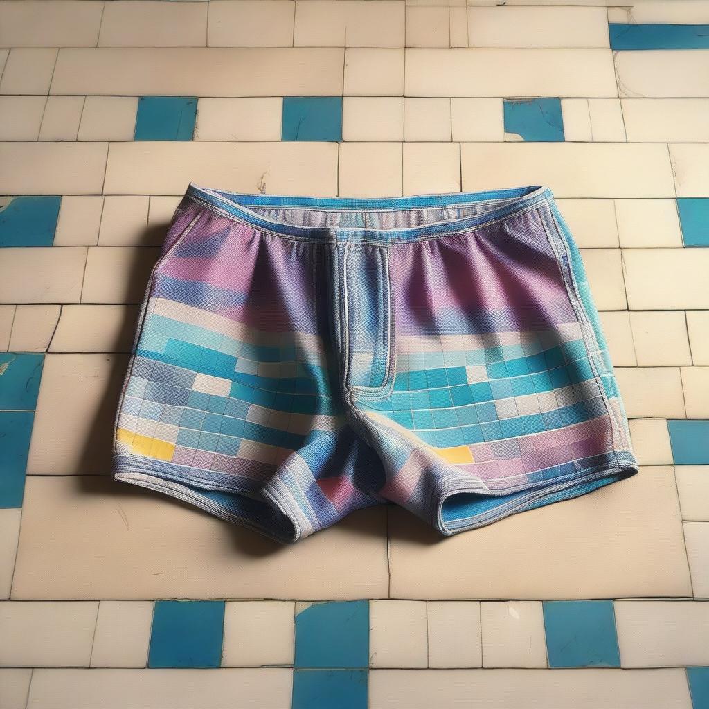 A detailed digital art image of old Speedo swimming briefs lying on a modern tiled floor