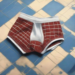 A detailed digital art image of old Speedo swimming briefs lying on a modern tiled floor