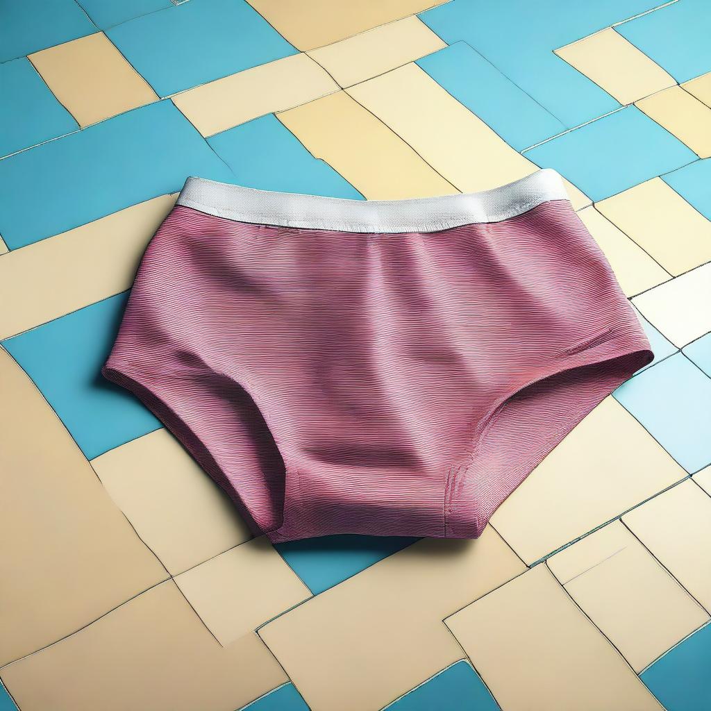 A detailed digital art image of swimming briefs lying on a tiled floor