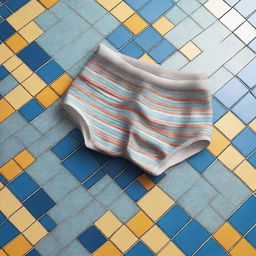 A detailed digital art image of swimming briefs lying on a tiled floor