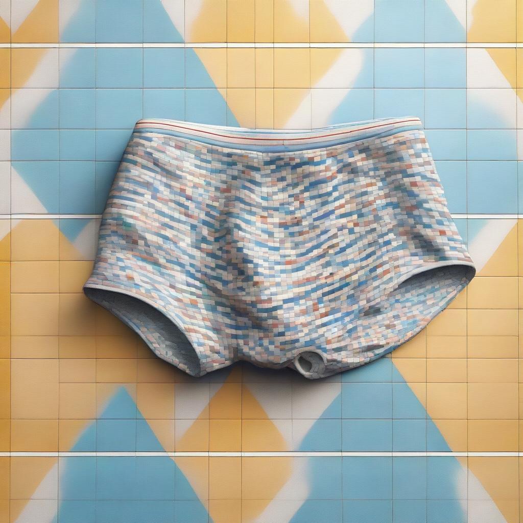 A detailed digital art image of swimming briefs lying on a tiled floor