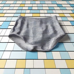 A detailed digital art image of swimming briefs lying on a tiled floor