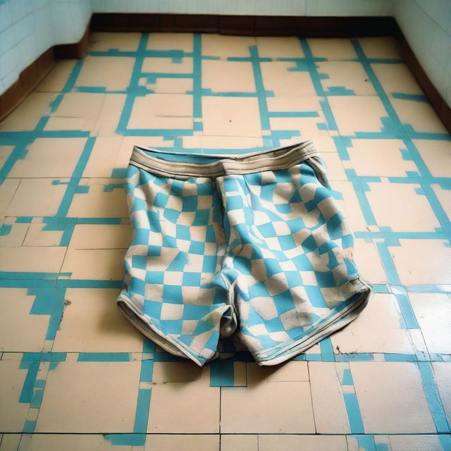 A pair of old, worn-out swimming briefs is lying on a tiled floor