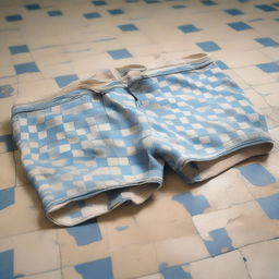 A pair of old, worn-out swimming briefs is lying on a tiled floor