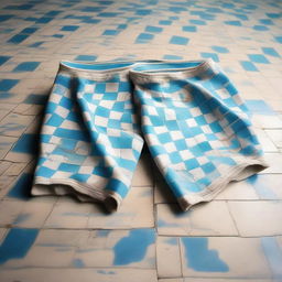 A pair of old, worn-out swimming briefs is lying on a tiled floor