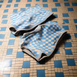 A pair of old, worn-out swimming briefs is lying on a tiled floor