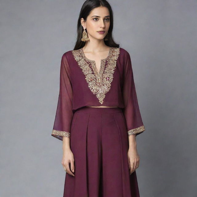 A wine-colored sarara and blouse set made from plain gorgette. The outfit is elegant, lightweight and flows around the wearer creating a sense of sophistication.