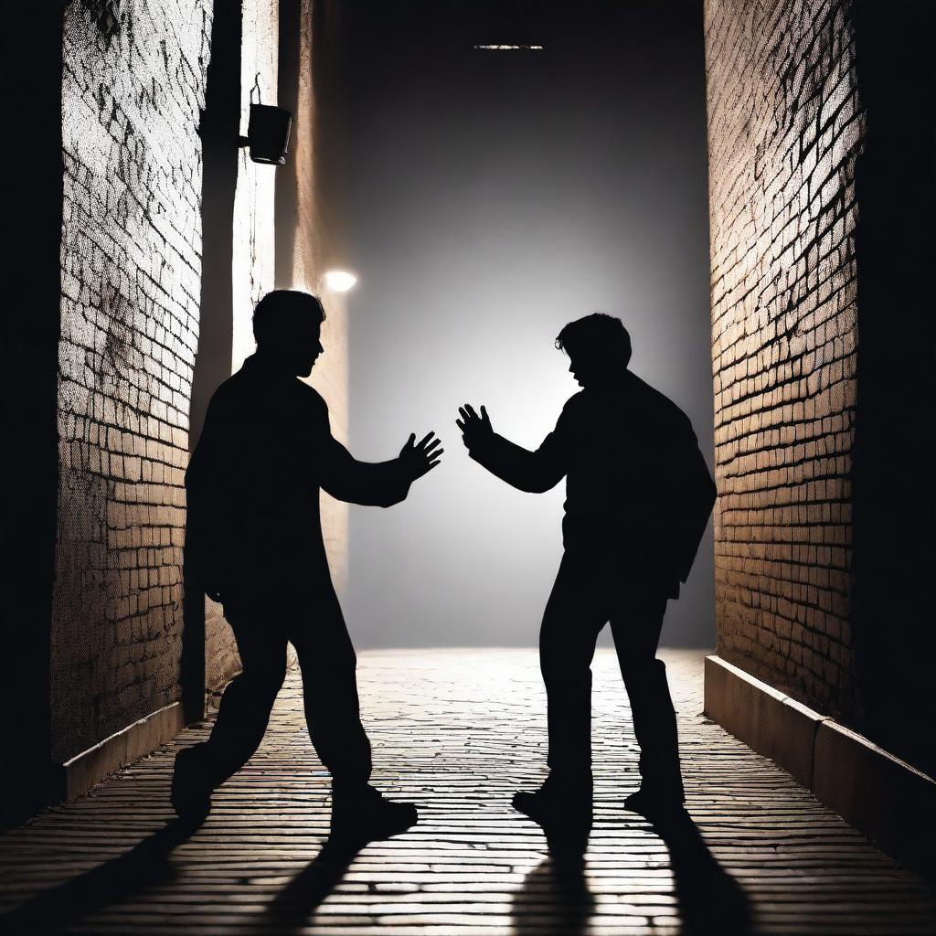 Two silhouettes engaged in a fight in a dark alleyway