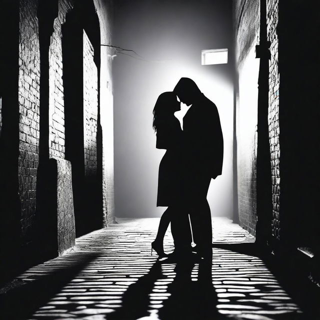 Two silhouettes engaged in a fight in a dark alleyway