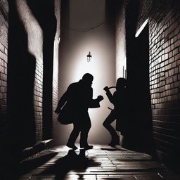 Two silhouettes engaged in a fight in a dark alleyway