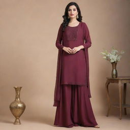 A wine-colored sarara and blouse set made from plain gorgette. The outfit is elegant, lightweight and flows around the wearer creating a sense of sophistication.