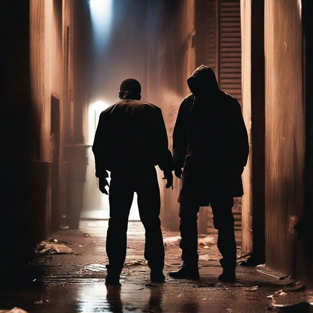 A dramatic scene in a dark alleyway where a man is getting stabbed