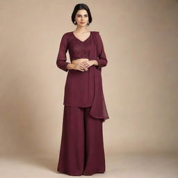 A wine-colored sarara and blouse set made from plain gorgette. The outfit is elegant, lightweight and flows around the wearer creating a sense of sophistication.