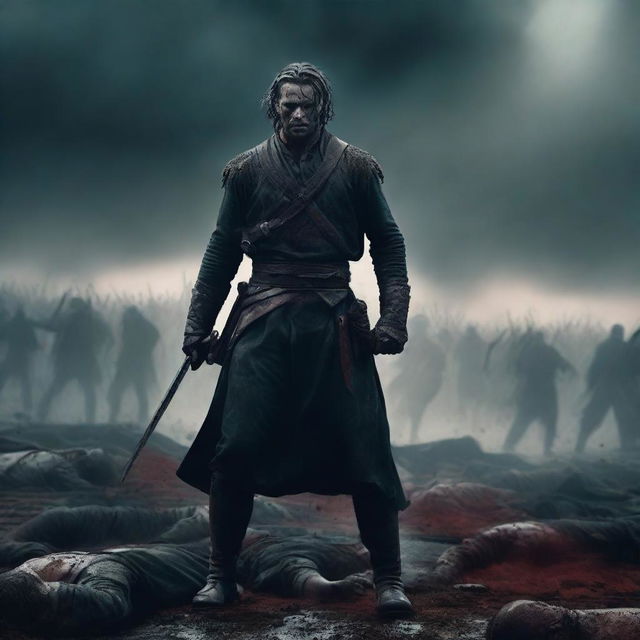 A powerful scene of a man standing in the midst of a battlefield, holding a sword in his hand