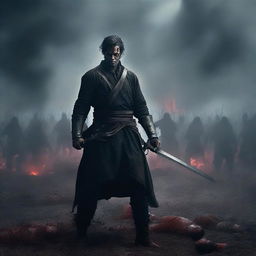 A powerful scene of a man standing in the midst of a battlefield, holding a sword in his hand