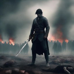 A powerful scene of a man standing in the midst of a battlefield, holding a sword in his hand