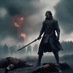 A powerful scene of a man standing in the midst of a battlefield, holding a sword in his hand