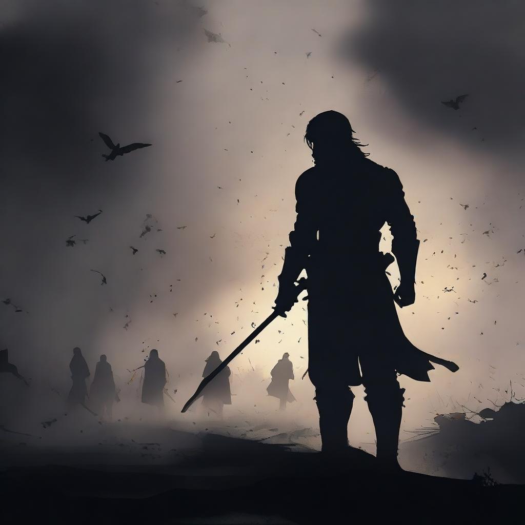 A silhouette of a man standing in the midst of a battlefield, holding a sword in his hand