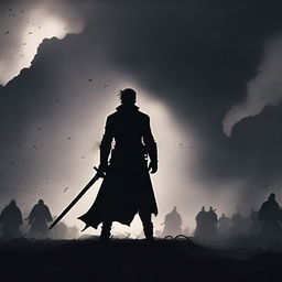 A silhouette of a man standing in the midst of a battlefield, holding a sword in his hand