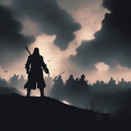 A silhouette of a man standing in the midst of a battlefield, holding a sword in his hand