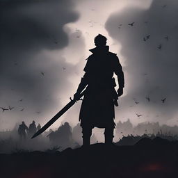 A silhouette of a man standing in the midst of a battlefield, holding a sword in his hand