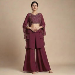 A wine-colored sarara and blouse set made from plain gorgette. The outfit is elegant, lightweight and flows around the wearer creating a sense of sophistication.